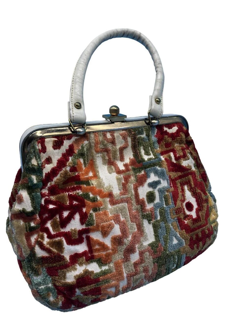 Vintage John Romain Top Handle Bag Womens Medium Multicolor Velvet Aztec